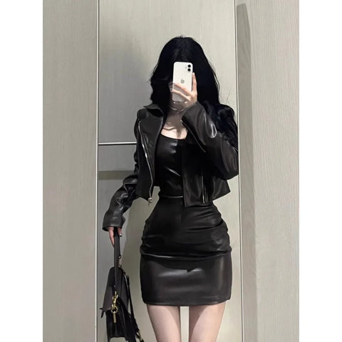 thanksgiving outfit Sonicelife 2024 Spring Autumn New Women's Cropped Leather Jacket Tank Dress Slimming Bodycon Skirt Trendy Fashionable