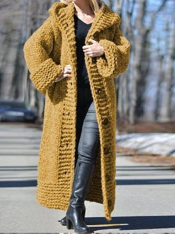 Black Friday Sonicelife Causal Knitted Long Hooded Cardigan Women Loose Thicken Solid Single-Breasted Open Maxi Sweaters Coat Female Chic Warm Outwear