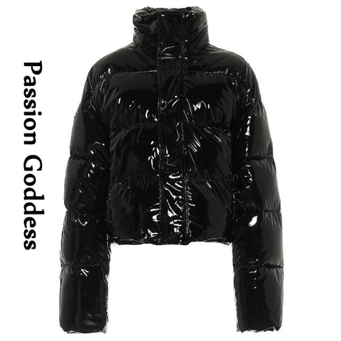 Sonicelife Winter Women Bright PU Pink Puffer Jacket Thick Bubble Coat Zipper Glossy Leather Down Parka Outerwear Stand Collar Loose Jacket