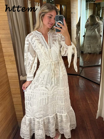 Sonicelife Elegant Lace Embroidery Hollow Out Two-piece Dress Women V Neck Long Sleeve Drawstring Female Long Dresses 2024 Summer Lady Robe