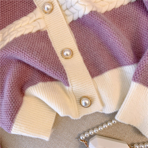 Sonicelife Elegant Buttons Purple Cardigan Sweaters Women Casual Lazy Wind Soft Sweet Knitted Coats Fashion Patchwork Lady O Neck Tops