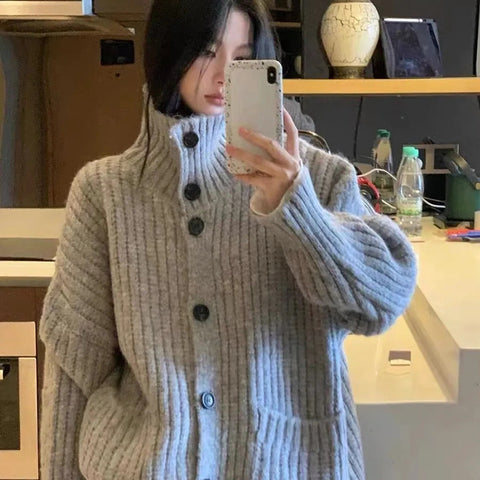 Black Friday Sonicelife Loose Lazy Sweater Women Twist Fashion Knit Autumn Winter Warm Cardigan Harajuku Stand Collar Gray Vintage Female Jumpers