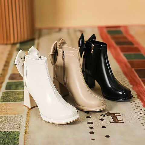 Sonicelife 2025  New Round Toe Square Heel Bow Decoration Fashion Women's Shoes Elegant Wear-resistant Casual Comfortable Short Boots