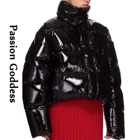 Sonicelife Women Winter Bright PU Puffer Jacket Warm Thick Bubble Coat Oversize Zipper Glossy Leather Down Parka Outerwear Cute Pink Jacket