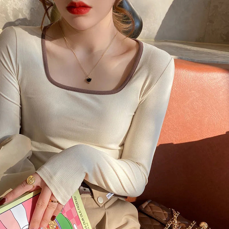 Sonicelife Square Collar Long Sleeve T Shirt Women New Casual Korean Slim Crop Tops Autumn Irregular Solid All Match Shirt Female Top