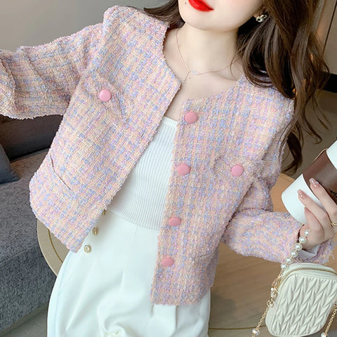 Sonicelife Autumn Winter Women Elegant Jacket Pink Tweed Buttons Up Cardigan Coat Female Long Sleeve Tassel Office Outerwear