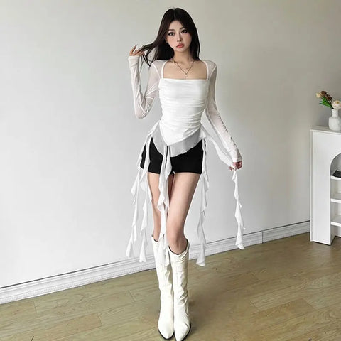 Sonicelife Spicy Girl Fairy Style Lotus Leaf Edge Square Neck Thin Long Sleeve White T-shirt Women Top Mesh Sexy Irregular Slimming Y2k Top