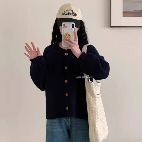 Sonicelife Women Vintage Sweet Cardigan Sweaters Japan Loose O Neck Single Breasted Knitted Coat Fall Casual Retro Female Solid Tops