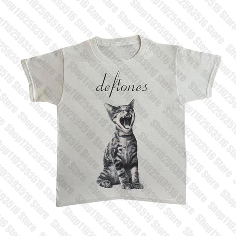 Sonicelife Aesthetic Short Sleeve T-Shirt Y2k Clothes Gothic Emo Girl Croped Tops Fun Kitten Print Vintage Women Casual Baby Tee Streetwear