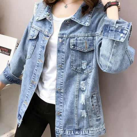 Sonicelife 2025 Autumn New Denim Jacket Women Harajuku Printed Frayed Beading Loose Casual Jeans Jacket Coat Outwear Female Jacket P521