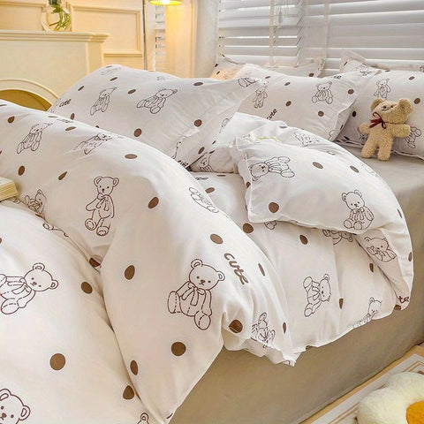 Sonicelife Ins Cartoon Rabbit Duvet Cover Set Soft Blue Flat Sheet Quilt Cover Pillowcase Bed Linen Twin Queen Full Size Floral Bedding Set