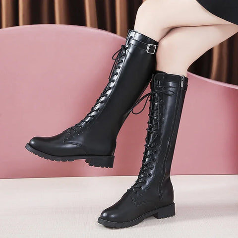 Sonicelife 2025 Plus Size Autumn Winter Knee High Boots Women Fashion Buckle High Tube PU Leather Boots  Zipper Low Heels Long Botas Mujer