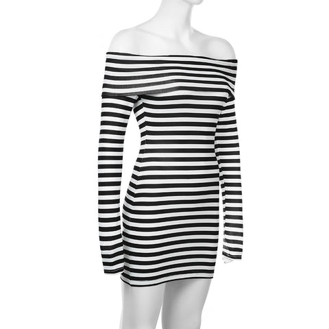 Sonicelife Aesthetic Dress Punk Sexy Girl Clothing Vintage Stripe Casual Long Sleeves Mini Dresses Harajuku Kpop 2000s Women Y2k Dresses
