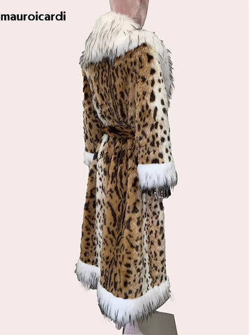 christmas outfit Sonicelife Winter Long Thick Warm Colorful Fluffy Leopard Print Faux Fur Coat Women with Fake Fox Fur Trim Luxury Designer Clothes 2025