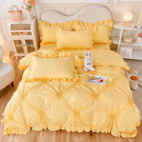 Sonicelife Korean version bed skirt four piece set, princess style bedding set, autumn and winter thickened matte four piece set