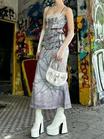 Sonicelife Vintage Gothic Dress Women Emo Alt Streetwear Y2k Butterfly Bone Printed Spaghetti Strap High Waist Bodycon Dress Female