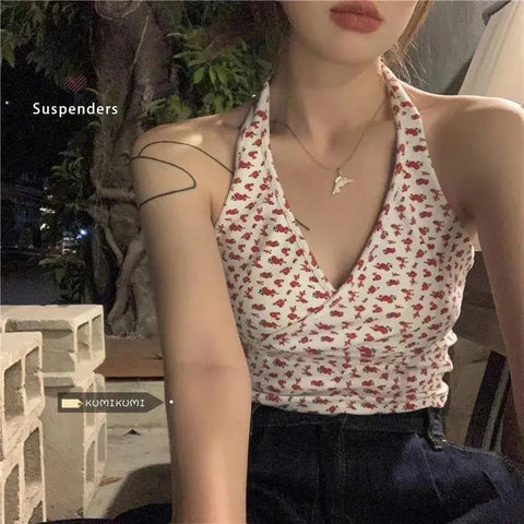 Sonicelife Camis Tanks Women Sexy Fashion Chic Floral Crop Top Ladies Sweet Harajuku Streetwear Slim Fit Backless Crop T Shirt New