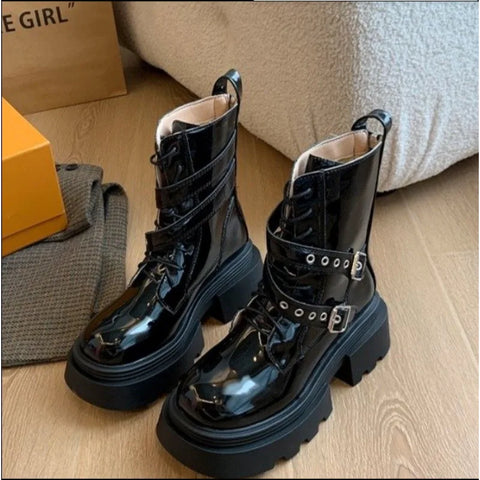 Sonicelife 2025  Hot Sale Cross-tied Women's Boots Fashion Belt Buckle Modern Boots  New Side Zipp Mid-Calf Shoes