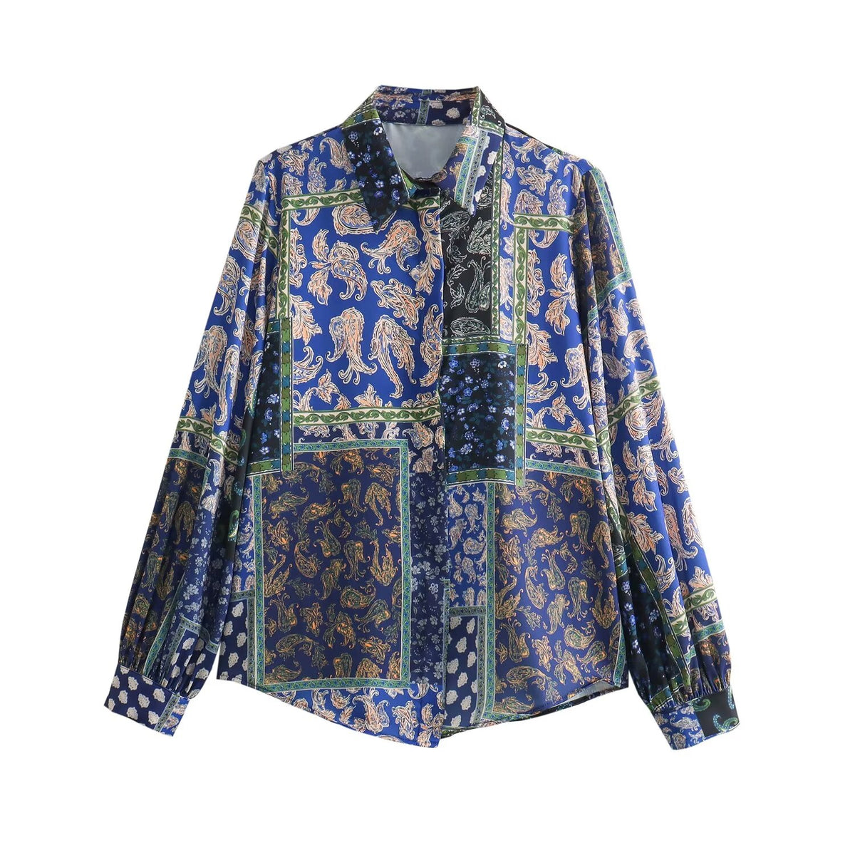 Sonicelife Women's Long Sleeved Single Breasted Top, Shirt with Patchwork Printing Design, Silk Texture, Versatile, New