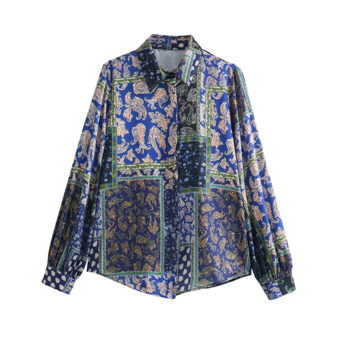 Sonicelife Women's Long Sleeved Single Breasted Top, Shirt with Patchwork Printing Design, Silk Texture, Versatile, New