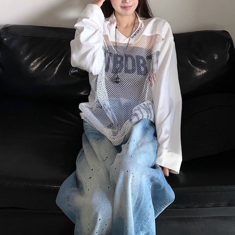 Sonicelife Summer American Loose Splicing See Through Jersey Letter T Shirt Women Street Fashion Slim Hip Hop Y2K Sun Protection Design Top