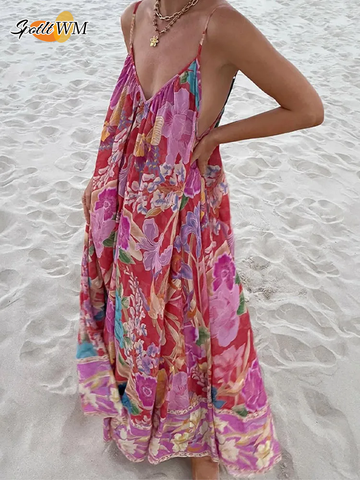 Sonicelife Elegant Flowers Pleated Loose Casual Robes Women Printed Sleeveless Backeless Sling Maxi Dresses Chic Vacation Vestdios 2025 New
