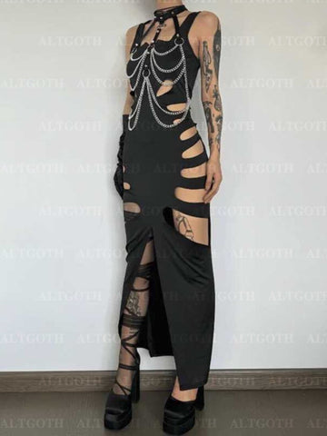 Sonicelife Harajuku Gothic Dark Dress Women Streetwear Cyber Punk Y2k E-girl Grunge Sexy Hollow Out High Waist Bodycon Dress Female