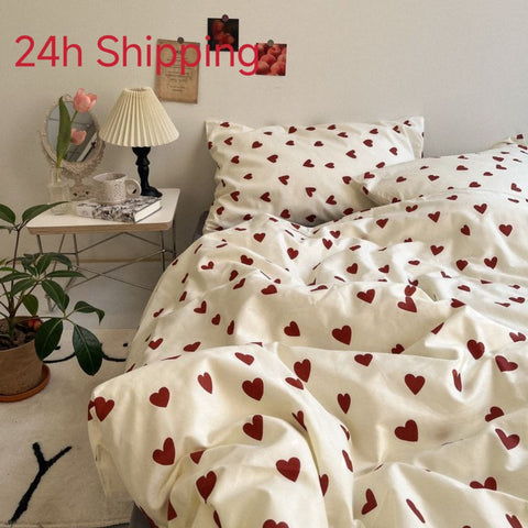 Sonicelife Korean Style Bedding Set Kid Adult Twin Full Queen Size Bed Flat Sheet Love Heart Duvet Cover Set Pillowcase Bed Linen No Filler