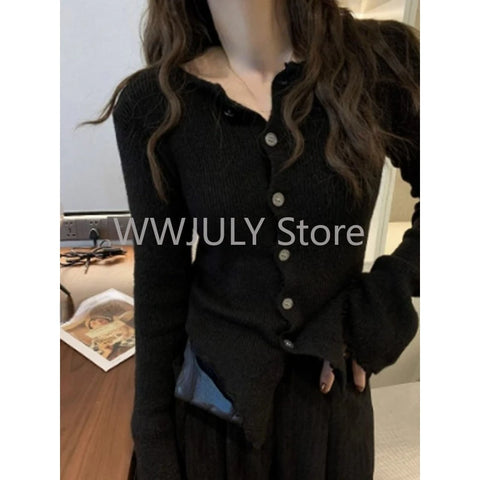 Sonicelife 2025 Y2k Grey Vintage Women Kint Sweater Harajuku Long Sleeve Cardigan Irregular Korean Fashion Slim Autumn Jerseys Casual