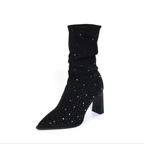 Sonicelife Autumn Winter Knee High Heels Women's Boots Bling Rhinestone Fashion Sexy Banquet Women's Shoes Comfortable Suede Boots Large