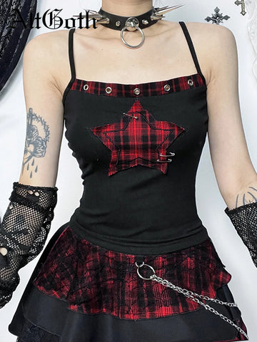 Sonicelife Streetwear Y2k Camis Women Aesthetic Mall Goth Red Plaid Pentagram Patchwork Crop Tank Tops Harajuku Cyber Punk Clothes
