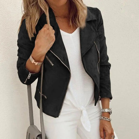 christmas outfit Sonicelife Office Lady Suede Leather Solid Color Jacket Long Sleeve Lapel Zipper Closure Blazer Slim Fits Short Cardigan Coat Outerwear