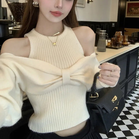 Black Friday Sonicelife Sexy Off Shoulder Sweater Women Christmas Elegant Manners Bow Solid Two Piece Knit Jumpers Chic Vest Commuter Office Lady Tops