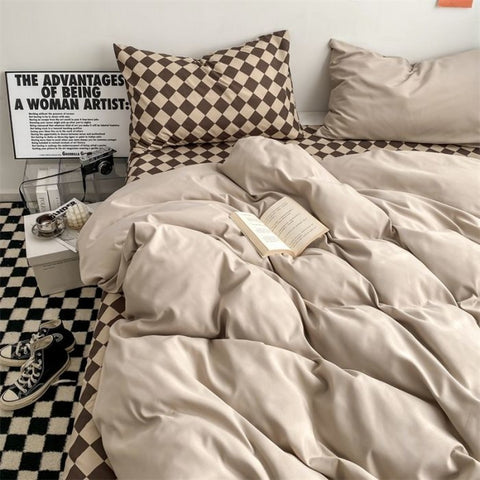 Sonicelife Checkerboard Bedding Sets Solid Color Fashion Single Double Queen Size Duvet Cover Flat Sheet Pillowcases Hotel Home Bed Linen