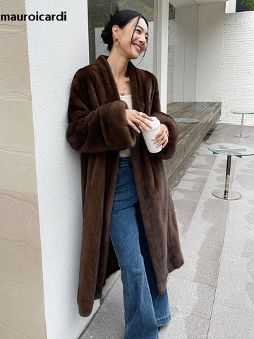 christmas outfit Sonicelife Winter Long Brown Thick Warm Soft Fluffy Faux Mink Fur Coat Women V Neck Loose Chic Stylish Luxury Designer Clothes