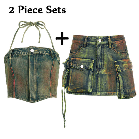 Sonicelife 2 Piece Tie Dye Washed Denim Bustier Tops Cargo Pants Women Sets Halter Crop Top Baggy Pants Jeans Hiphop Cool Two Piece Outfits