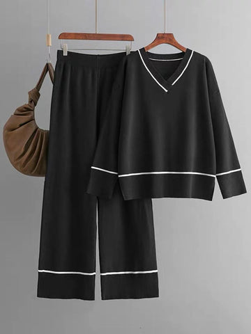 Sonicelife Stripes V-neck Long Sleeve Top and Elastic High Waist Wide Leg Pants  Two-piece Women Office Loose Knit Outfi Set Office