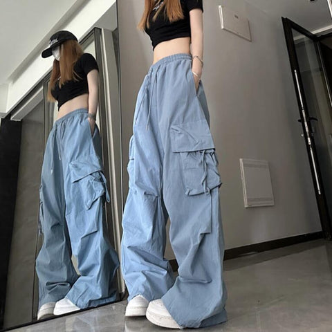 Sonicelife Hip Hop Y2K Cargo Pants Women Streetwear Harajuku Big Pockets Casual Trousers Korean Loose High Waist Design Solid Pants Z