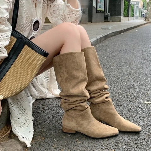 Sonicelife Sexy Mid Calf Chelsea Boots Autumn Suede Shoes Fashion Knee High Boots Pointed Toe Ankle Goth Shoes Motorcycle Botas De Mujer