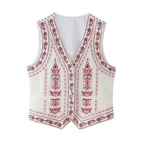 Sonicelife Women's Heavy Industry Embroidery V-Neck Stripe Vest Ethnic Style Top Casual Fashion New