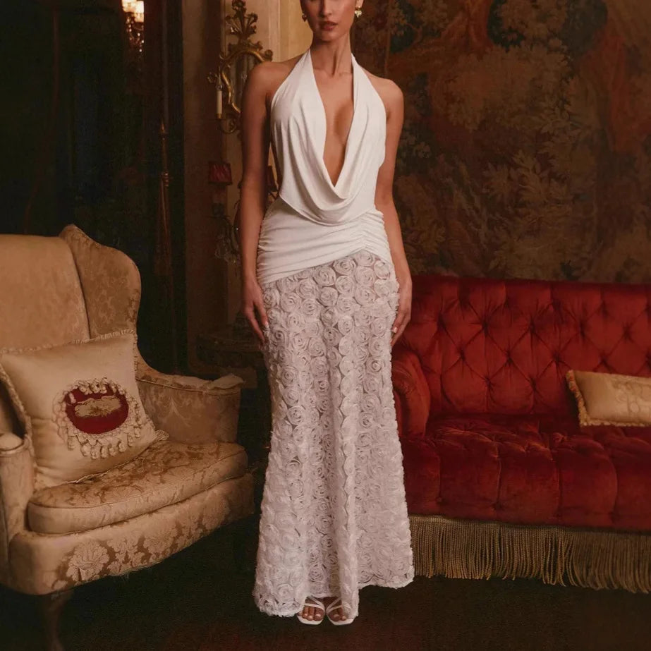 Sonicelife Sexy Deep V Neck Sleeveless Pleated Maxi Dress Fashion 3d Flower Backless Gown New Women's Summer Holiday Beach Vestidos 2025
