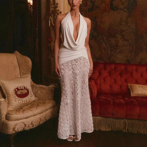 Sonicelife Sexy Deep V Neck Sleeveless Pleated Maxi Dress Fashion 3d Flower Backless Gown New Women's Summer Holiday Beach Vestidos 2025