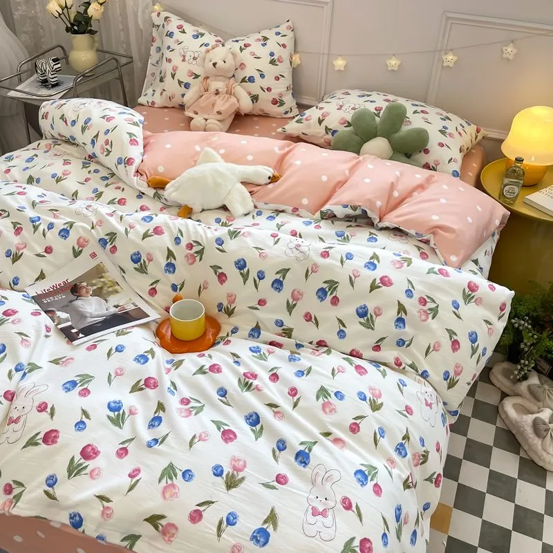 Sonicelife Ins Floral Bedding Set Kids Adult Full Queen Size Duvet Cover Flat Sheet Pillowcase No Filler Summer Fall Home Bed Linens