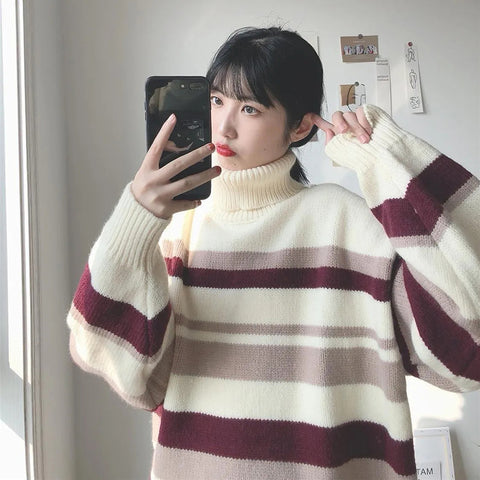 Black Friday Sonicelife Zoki Turtleneck Sweaters Women Vintage Striped Fall Winter Casual Thicken Warm Preppy Pullovers Baggy All Match Knitwear Jumper