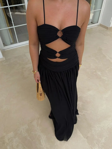 Sonicelife Women Hollow Out Sling Dress Fashion Metal Ring Pleated Sleeveless A-line Maxi Dresses Summer Ladies Evening Party Gowns Robes