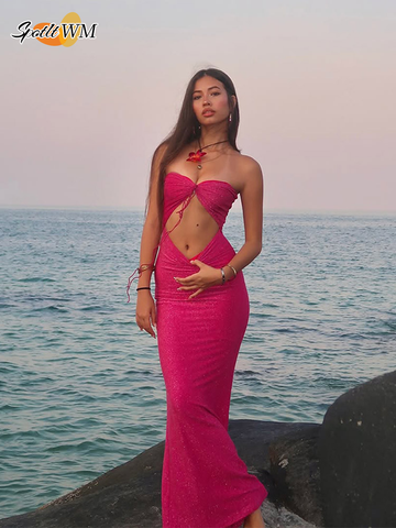 Sonicelife Sexy Sequin Lace Up Long Dress Fashion Solid Hollow Out Slim Fit Sleeveless Gown New Women's Summer Vacation Beach Vestidos 2025