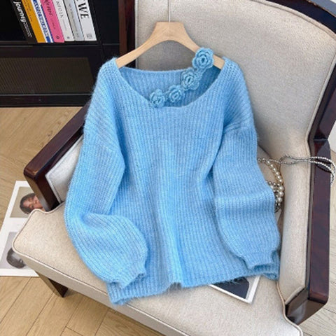 Black Friday Sonicelife Hollow Out 3D Flowers Sweater Women Fashion Loose Solid Lazy Pullover Spring Fall Sweet Hot Knitted Pretty Style Jumpers