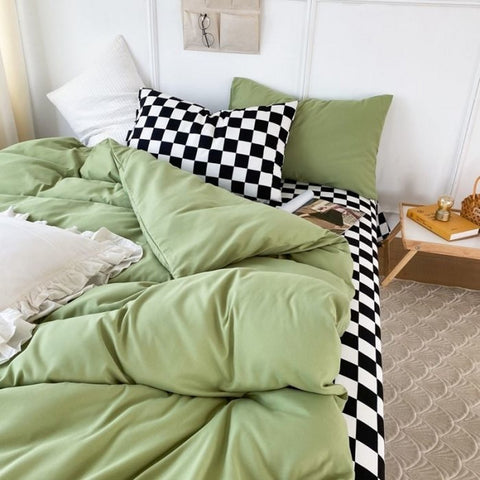 Sonicelife Checkerboard Bedding Sets Solid Color Fashion Single Double Queen Size Duvet Cover Flat Sheet Pillowcases Hotel Home Bed Linen