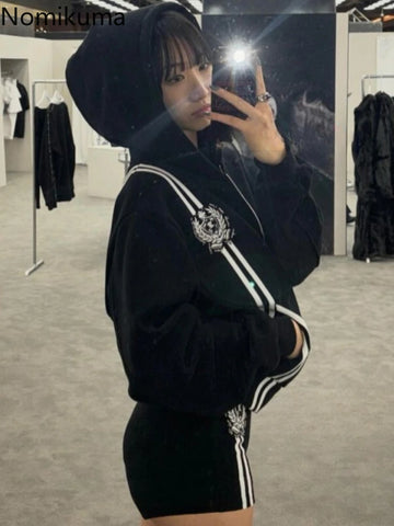 Sonicelife Harajuku Black Hoodies Women Clothing 2025 Streetwear Fashion Y2k Coats Ropa Mujer Hooded Sweatshirts Casual Zipper Hoodie Tops