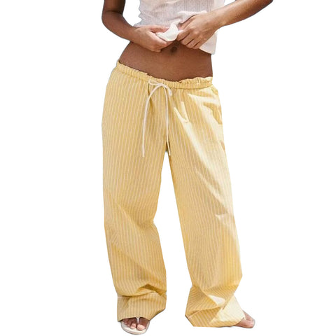 Sonicelife Women's Striped Pants Poplin Fabric Elastic High Waist Casual Versatile, Straight Leg New